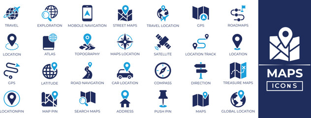 Maps solid icon set: location, GPS, navigation, compass, global, search, pin, travel atlas, geolocation, and tracking symbols for ui design. © SokretiRani