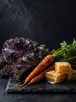 Fresh Organic Purple Kale, Carrots and Honeycomb