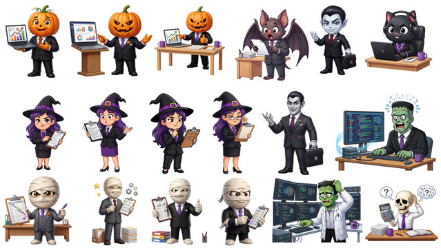 Halloween Corporate Character Collection Vector Set with Pumpkin Executive, Witch Manager, Vampire CEO, Zombie Programmer, Mummy Employee, Skeleton Accountant and Cute Office Mascots