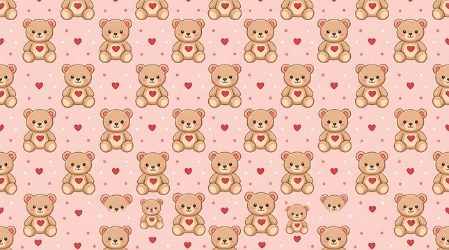 Seamless pattern of cute teddy bears and hearts on pink background