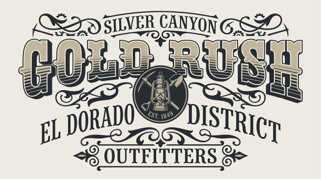 Vector illustration of a classic Gold Rush district emblem, featuring ornate vintage typography with mining tools, perfect for Western heritage and adventure branding
