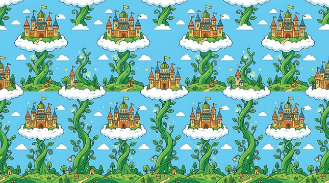 Seamless pattern with magical castles and beanstalks in the sky