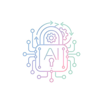 AI Cybersecurity Padlock Icon with Neural Circuitry and Gears