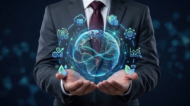 Businessman holding holographic digital earth globe with fintech icons, blockchain security and global economy network concept for sustainable future growth and innovation