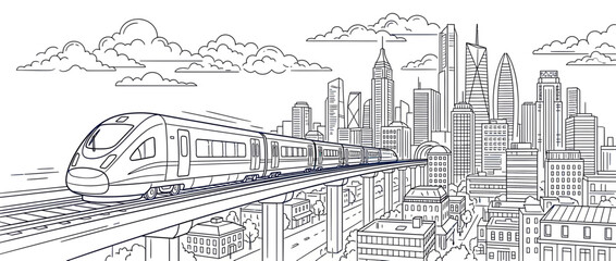 Modern high-speed train travels over elevated tracks in cityscape © happy