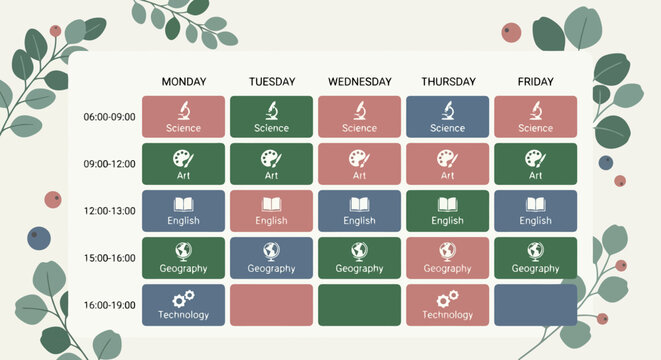 Weekly school lesson schedule template with icons and floral decoration