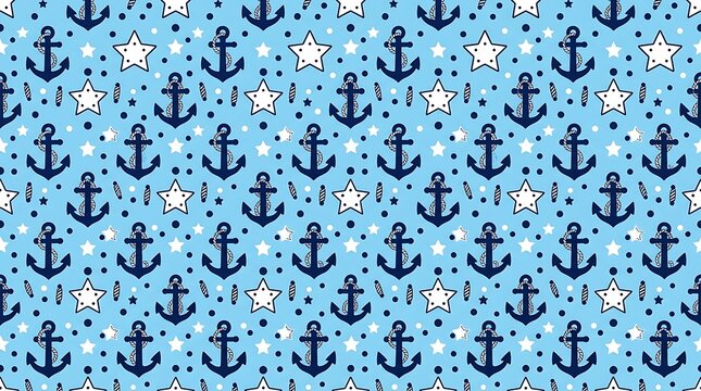 Nautical seamless pattern with anchors and stars on blue background