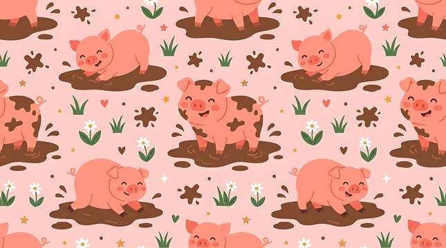 Cute cartoon pigs playing in mud puddles on pink background