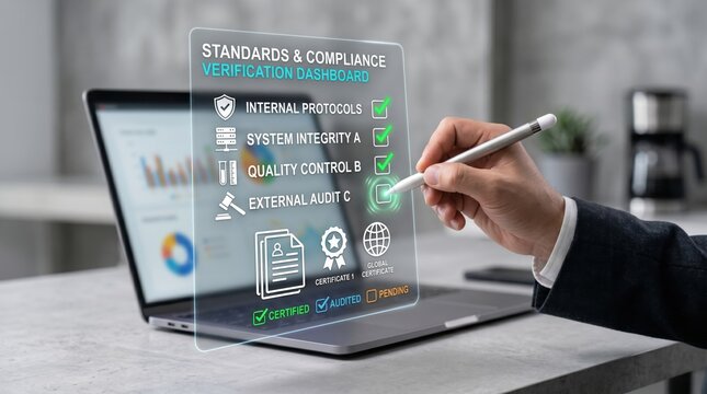 Compliance verification dashboard checklist showing internal protocols and quality control audit status, standards certification concept for regulatory adherence system integrit...