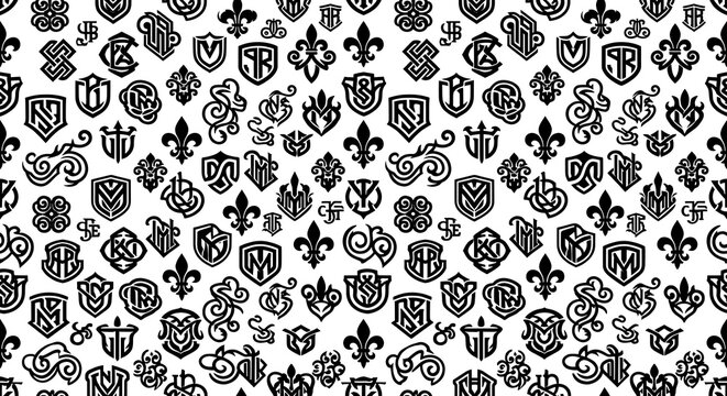 Seamless pattern of black heraldic symbols and crests on white