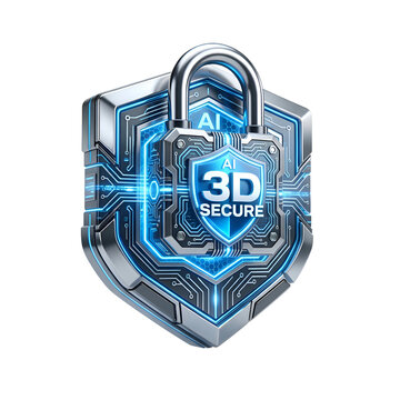 3D Metallic AI Security Padlock and Shield Icon for Cybersecurity