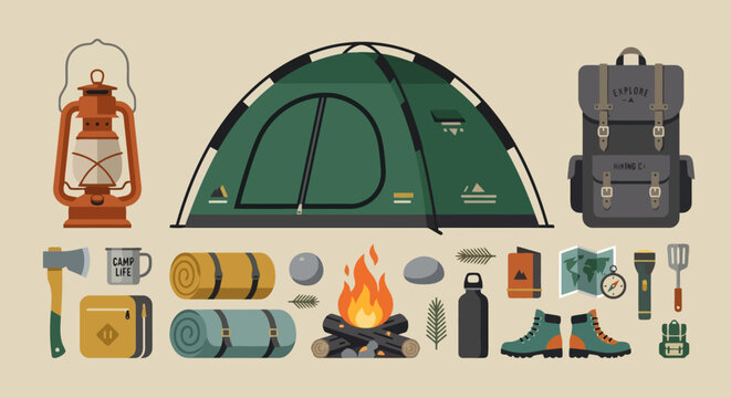 Outdoor camping and hiking gear collection, flat vector illustration. Tent, backpack, lantern, axe, boots, campfire elements, adventure essentials.