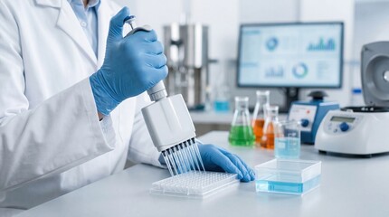 Fototapeta premium Scientist using multichannel pipette in laboratory, medical research and biotechnology concept, precision testing and DNA analysis in modern science facility with blue gloves
