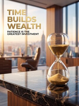 Golden hourglass on marble desk in modern office with city view with glass hourglass gold resting black marble
