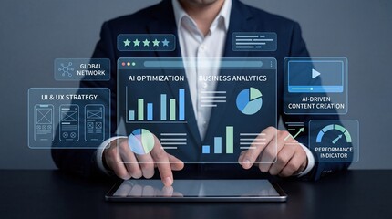 Fototapeta premium Businessman using tablet with holographic AI optimization, business analytics charts, UI UX strategy, global network interface and performance indicators for corporate management.