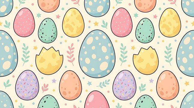 Seamless pattern of pastel colored easter eggs and spring leaves
