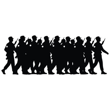Vector silhouette illustration line art of a large group of soldiers marching in a line.