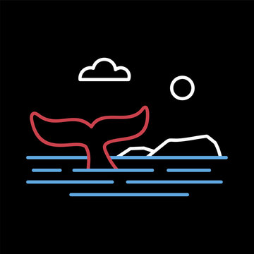 Whale tail view on sea surface with island icon