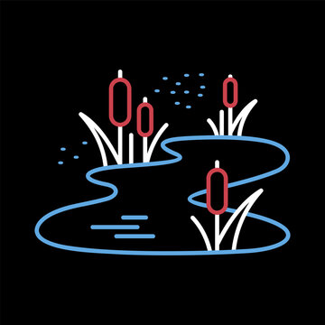 Pond with reed and mosquitoes, swamp vector icon