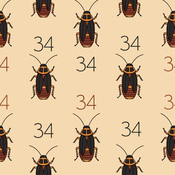 seamless repeating pattern of cartoon cockroaches and the number 34 on a light background ideal for pest control themes graphic design or quirky wallpaper