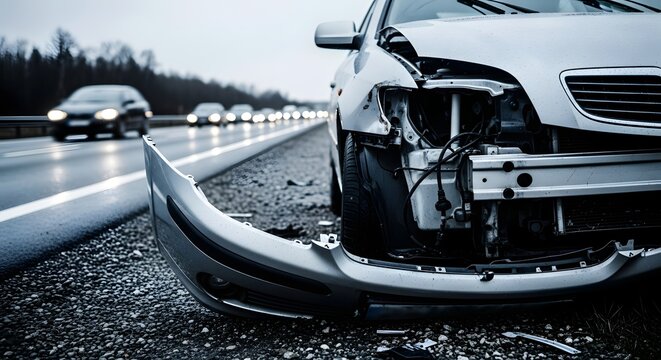 Damaged white car on roadside of highway