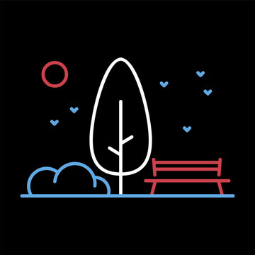Public park bench and tree vector icon. Urban park