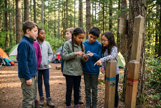 A group of children stands in a forest near camping tents. They focus on using a compass and reading trail markers. It is daytime and they are learning about navigation