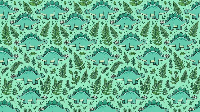 Stegosaurus dinosaur and tropical fern leaf seamless pattern