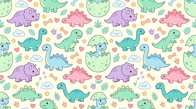 Adorable seamless pattern with colorful baby dinosaurs and eggs