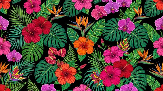 Vibrant tropical floral seamless pattern with hibiscus and palm leaves