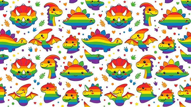Colorful rainbow dinosaur seamless pattern with cute characters