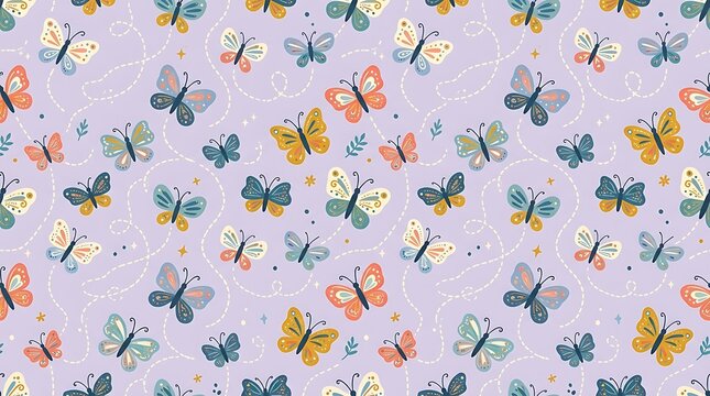 Seamless pattern of colorful flying butterflies on purple background