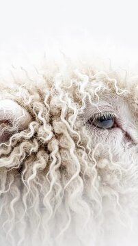 Closeup Woolly Sheep Face With Curly Fleece.