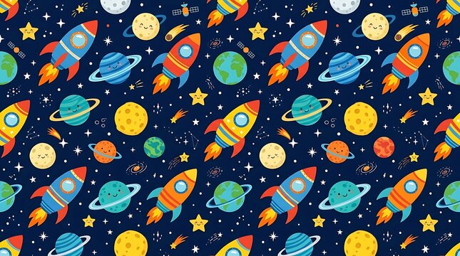 Seamless cartoon outer space pattern with rockets and planets