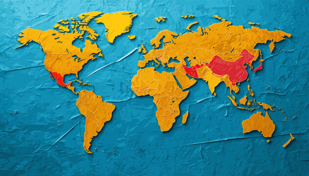 World map highlighting regions in red and orange, possibly indicating population density, economic activity, or geographical data.