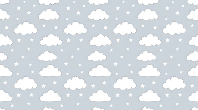 Seamless pattern with white clouds and stars on light blue sky