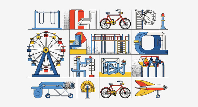 playground clipart and recreational equipment including amusement park rides and simple machines presented as a vibrant vector illustration.