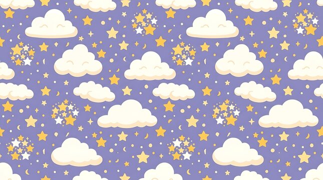 Seamless pattern of white clouds and yellow stars on purple background