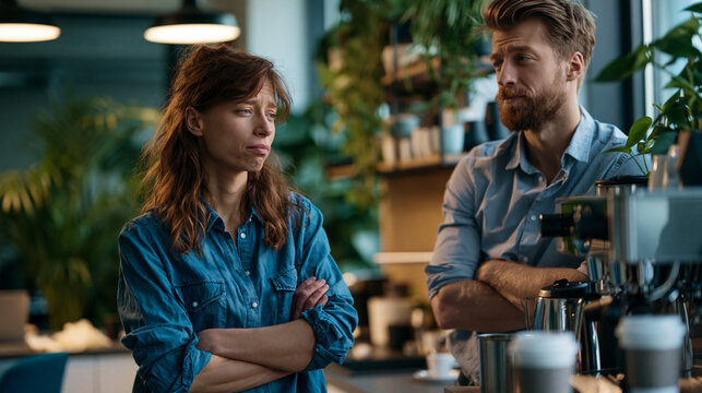 Two coworkers in an empty office kitchen after an argument, standing apart and avoiding eye contact beside the coffee machine with tense workplace conflict