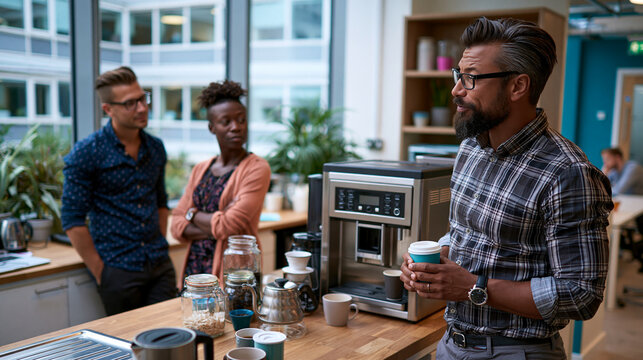 Two coworkers standing in an empty office kitchen after an argument, avoiding eye contact and waiting by the coffee machine with tense workplace conflict