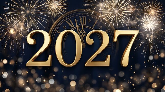 Golden year 2027 numbers with clock face and fireworks symbolizing new year celebration countdown and festive holiday event background.