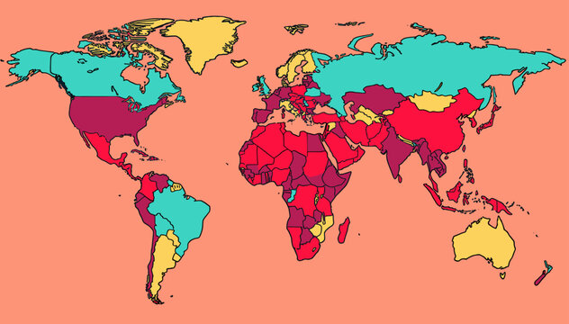 Colorful world map illustrating global data distribution across continents and countries with varied color coding.