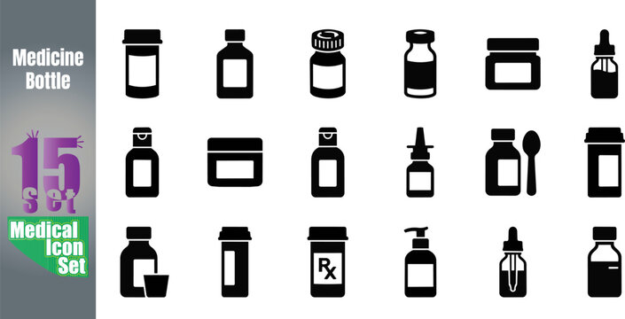 Medicine bottle icon set 15 black silhouette designs for healthcare pharmacy