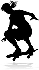 A skateboard woman or girl female skateboarder in silhouette.