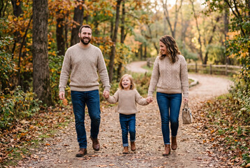 Fototapeta premium Parents and their child hold hands and walk along a dirt path in a forest. The trees are changing colors, showing fall leaves. They seem happy and relaxed together