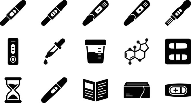 Set of black and white pregnancy test and medical diagnostic equipment icons for health and wellness design