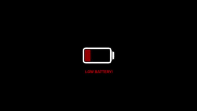 Animation featuring a battery low text icon on a black background.