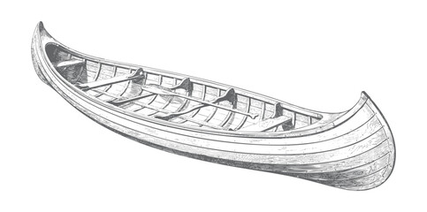 Wooden canoe illustrated in vintage engraving style. © Creative09