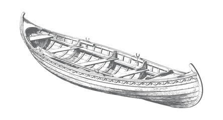 Wooden canoe illustrated in vintage engraving style. © Creative09
