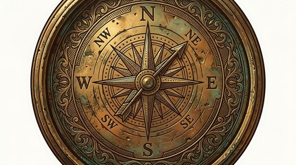 Obraz premium Ornate vintage brass compass with weathered bronze patina finish